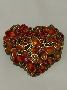 VTG Monet Enamel Brooch Butterfly Red Flower Heart Gold Tone Pin